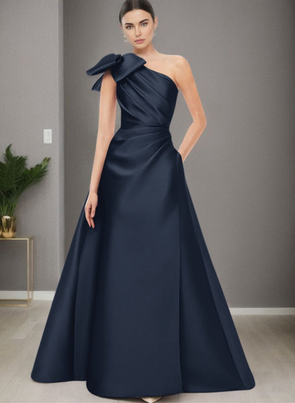 A-Line One-Shoulder Sleeveless Satin Bridesmaid Dresses With Bow(s) / Pockets