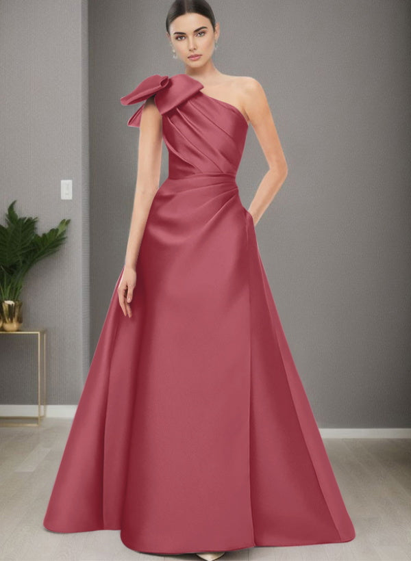 A-Line One-Shoulder Sleeveless Satin Bridesmaid Dresses With Bow(s) / Pockets