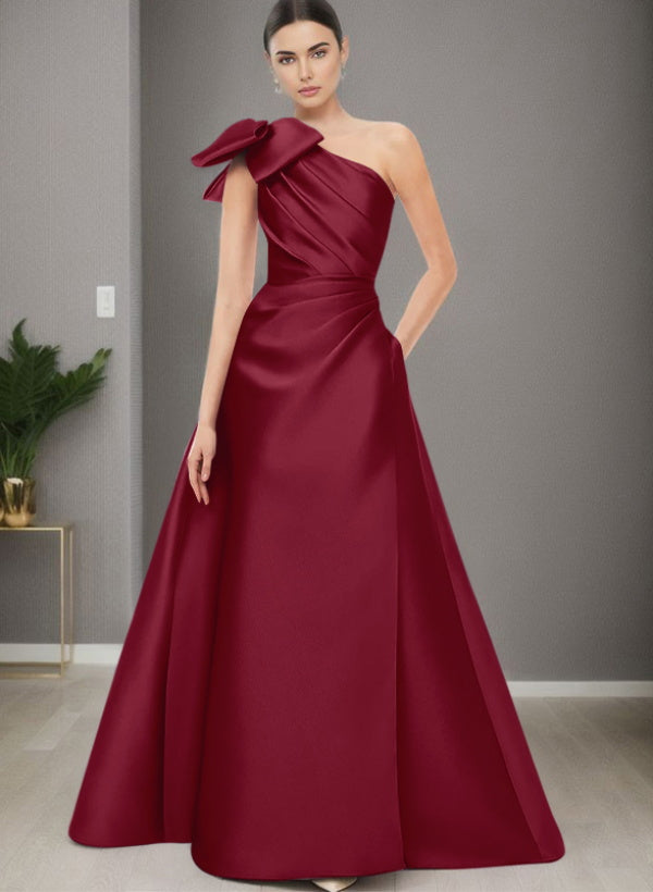 A-Line One-Shoulder Sleeveless Satin Bridesmaid Dresses With Bow(s) / Pockets