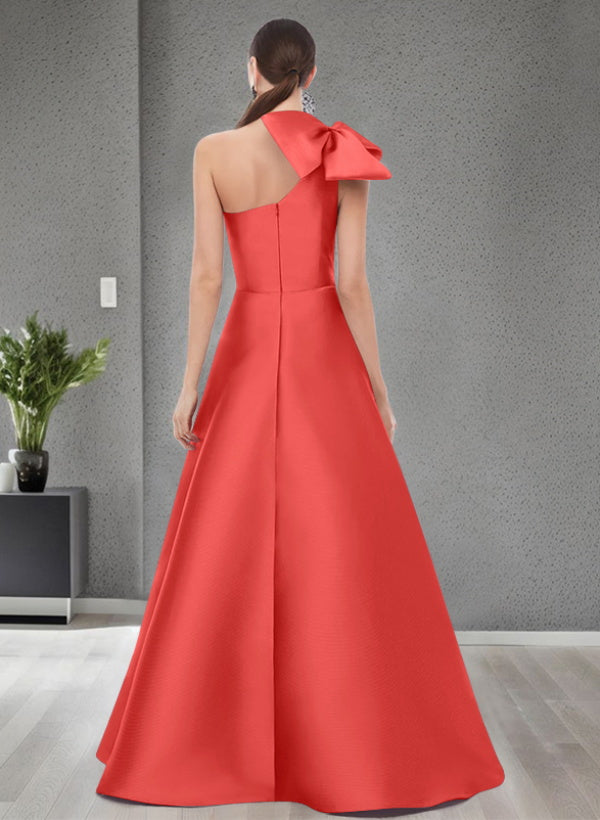 A-Line One-Shoulder Sleeveless Satin Bridesmaid Dresses With Bow(s) / Pockets