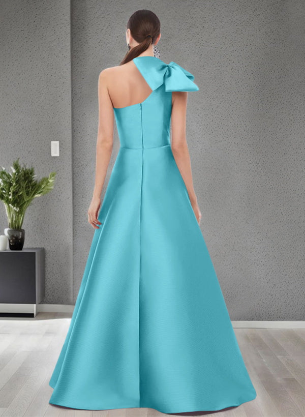 A-Line One-Shoulder Sleeveless Satin Bridesmaid Dresses With Bow(s) / Pockets