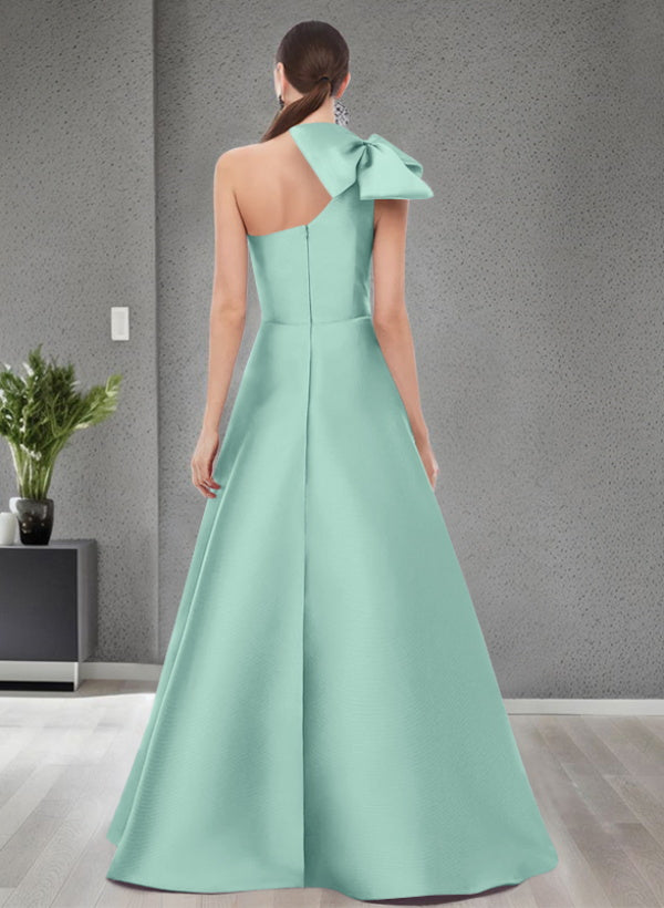 A-Line One-Shoulder Sleeveless Satin Bridesmaid Dresses With Bow(s) / Pockets