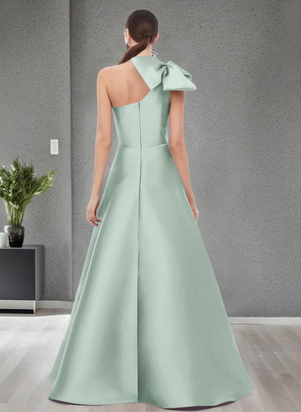 A-Line One-Shoulder Sleeveless Satin Bridesmaid Dresses With Bow(s) / Pockets