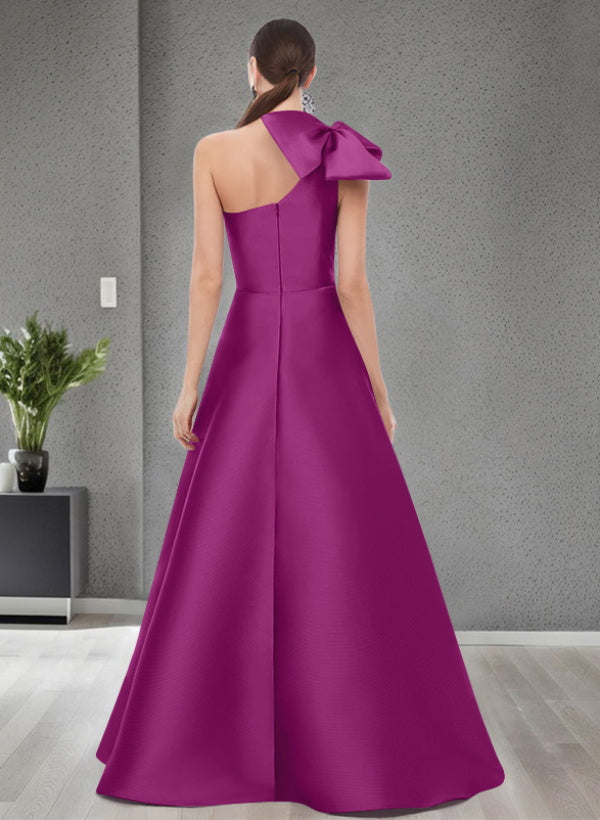 A-Line One-Shoulder Sleeveless Satin Bridesmaid Dresses With Bow(s) / Pockets