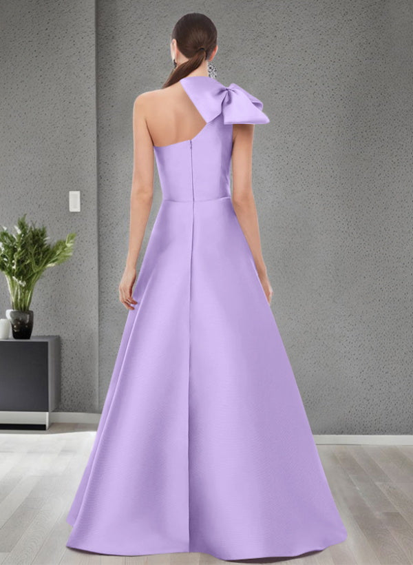 A-Line One-Shoulder Sleeveless Satin Bridesmaid Dresses With Bow(s) / Pockets