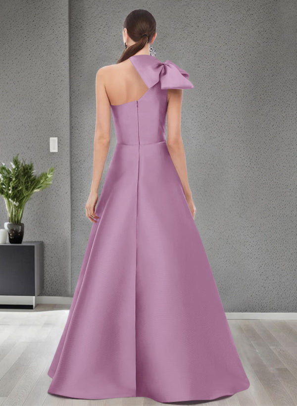 A-Line One-Shoulder Sleeveless Satin Bridesmaid Dresses With Bow(s) / Pockets