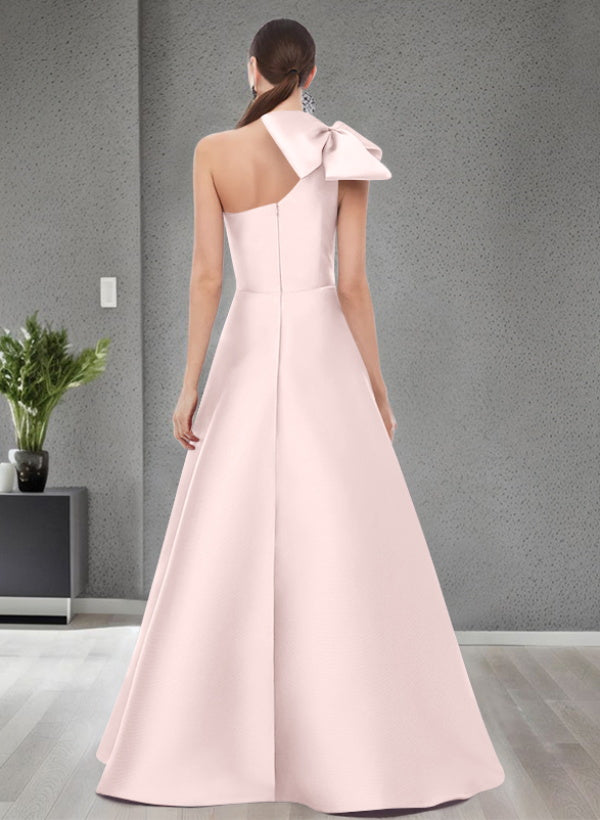 A-Line One-Shoulder Sleeveless Satin Bridesmaid Dresses With Bow(s) / Pockets