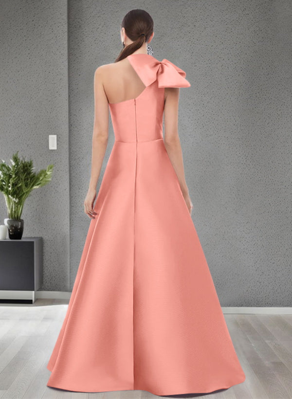 A-Line One-Shoulder Sleeveless Satin Bridesmaid Dresses With Bow(s) / Pockets