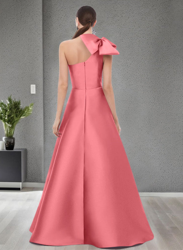 A-Line One-Shoulder Sleeveless Satin Bridesmaid Dresses With Bow(s) / Pockets