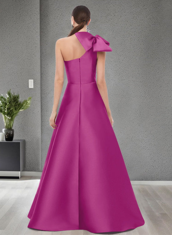 A-Line One-Shoulder Sleeveless Satin Bridesmaid Dresses With Bow(s) / Pockets