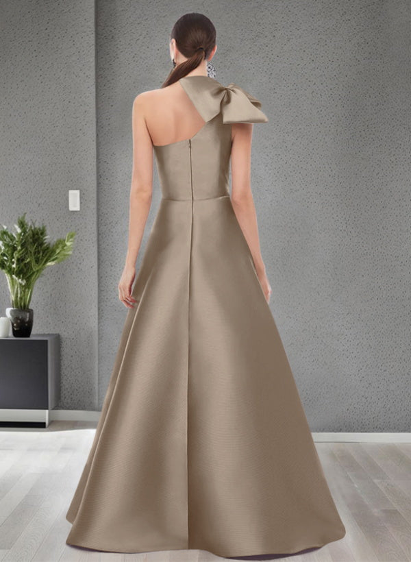 A-Line One-Shoulder Sleeveless Satin Bridesmaid Dresses With Bow(s) / Pockets