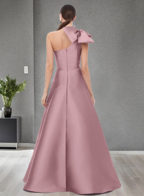 A-Line One-Shoulder Sleeveless Satin Bridesmaid Dresses With Bow(s) / Pockets