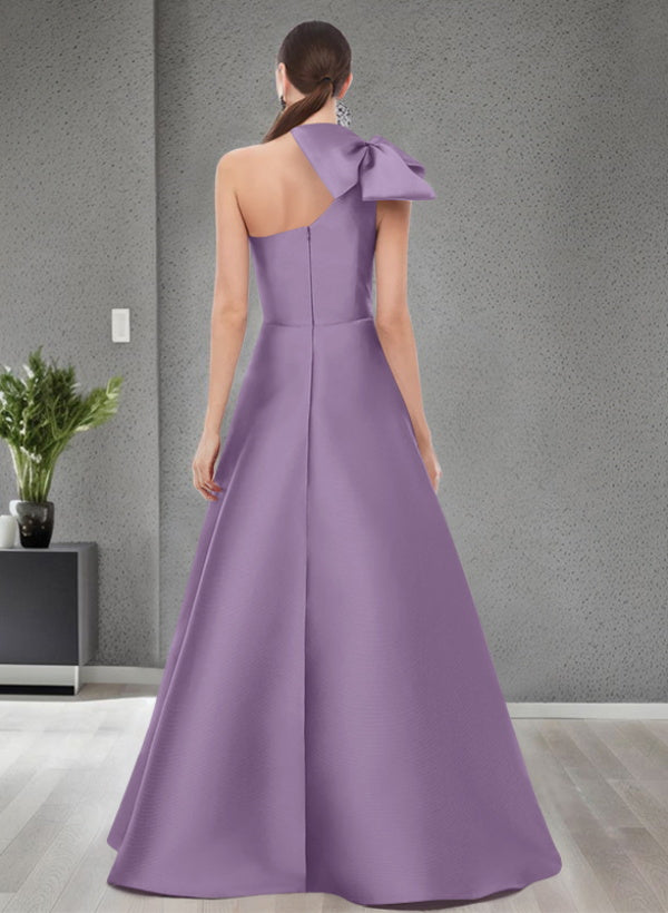 A-Line One-Shoulder Sleeveless Satin Bridesmaid Dresses With Bow(s) / Pockets