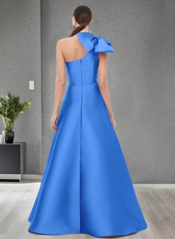 A-Line One-Shoulder Sleeveless Satin Bridesmaid Dresses With Bow(s) / Pockets