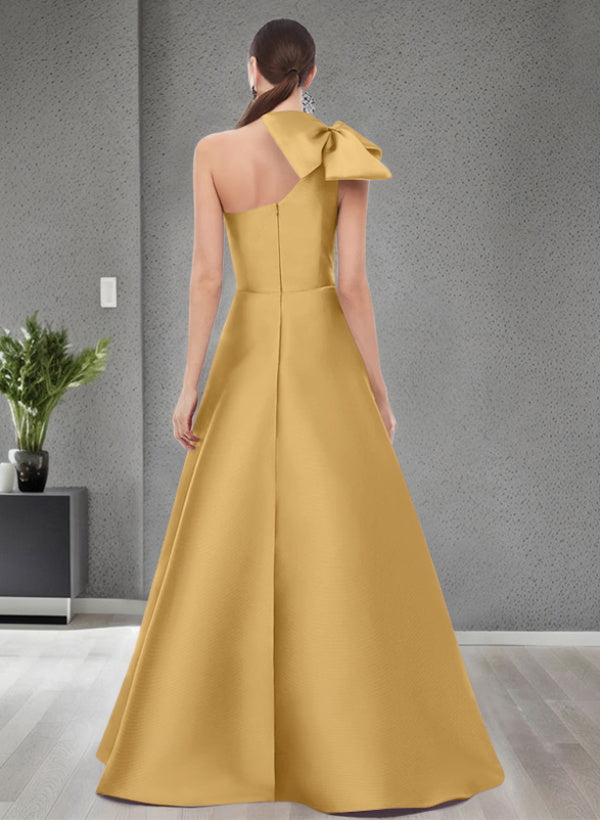 A-Line One-Shoulder Sleeveless Satin Bridesmaid Dresses With Bow(s) / Pockets