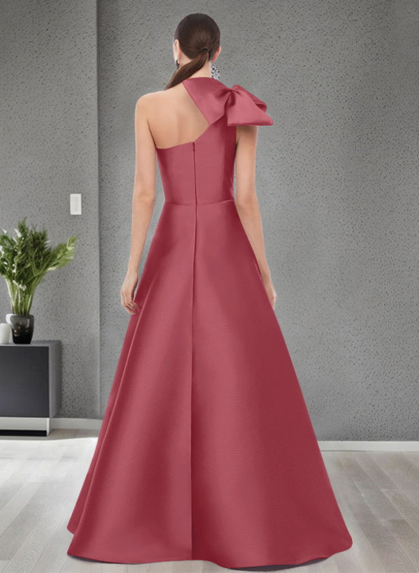 A-Line One-Shoulder Sleeveless Satin Bridesmaid Dresses With Bow(s) / Pockets