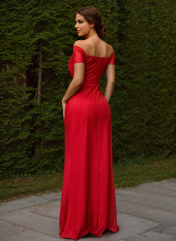 Off-The-Shoulder Silk Like Satin Bridesmaid Dresses With High Split