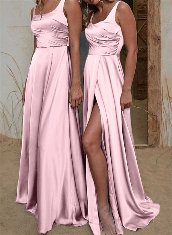 A-Line Square Neckline Silk Like Satin Bridesmaid Dresses With High Split