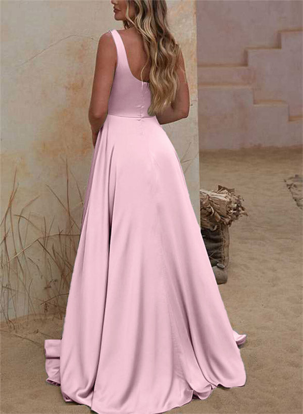 A-Line Square Neckline Silk Like Satin Bridesmaid Dresses With High Split