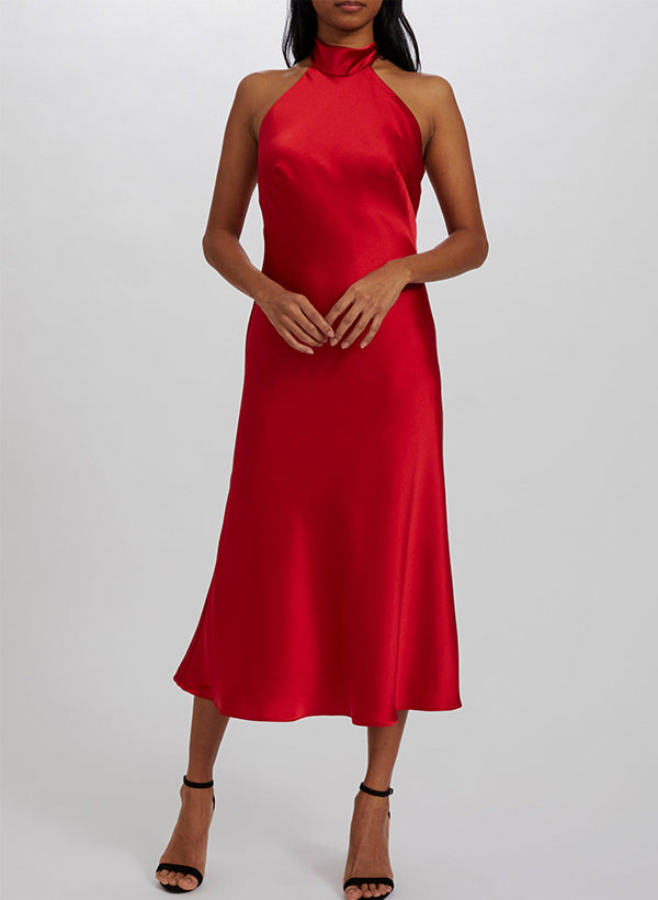 A-Line Halter Sleeveless Tea-Length Silk-Like Satin Bridesmaid Dresses