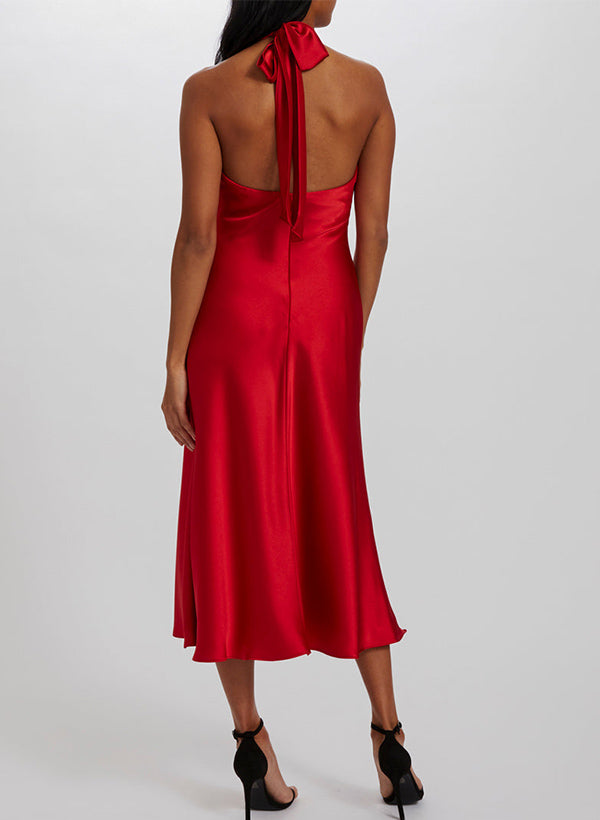 A-Line Halter Sleeveless Tea-Length Silk-Like Satin Bridesmaid Dresses