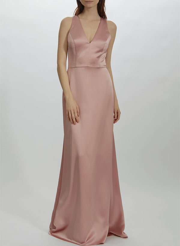 V-Neck Sleeveless Sheath/Column Bridesmaid Dresses crafted from Silk Like Satin