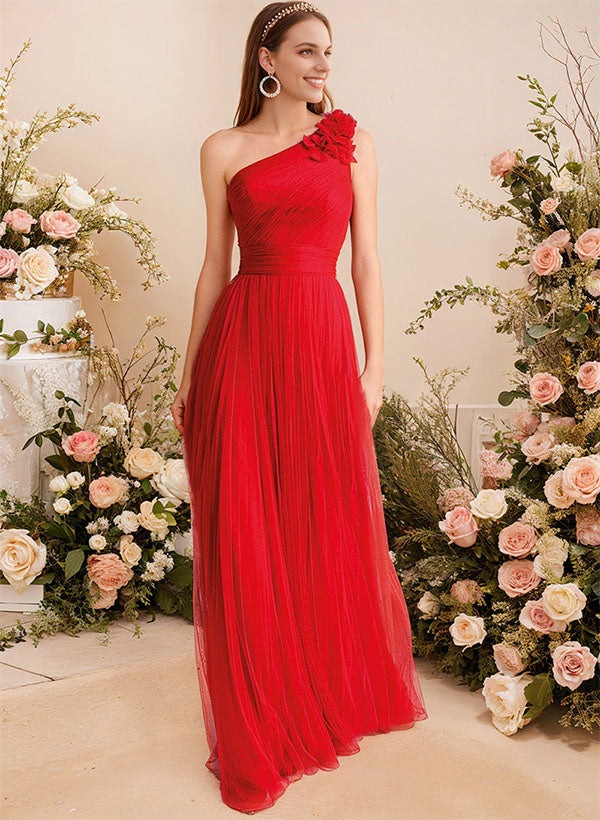 One-Shoulder Sleeveless Tulle Bridesmaid Dress With Flower(s)