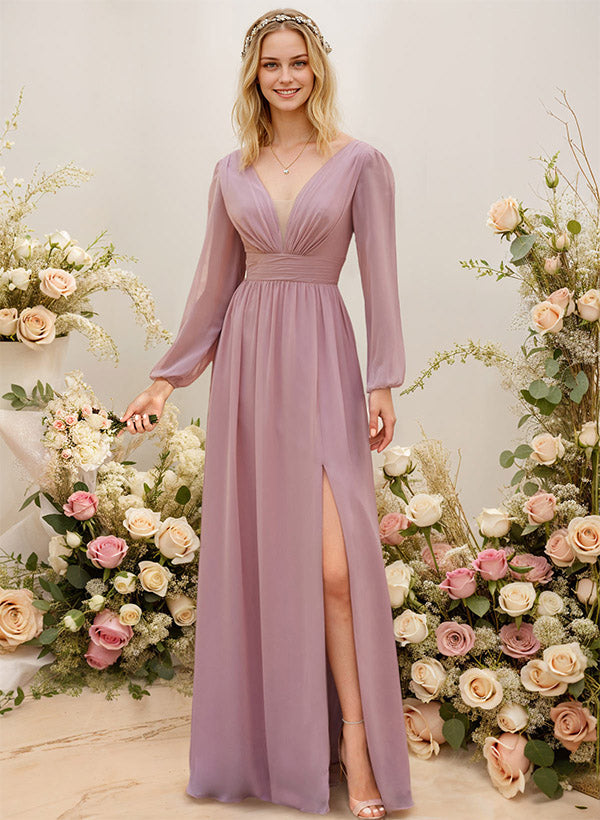 A-Line Bridesmaid Dresses With Split Front and Long Sleeves