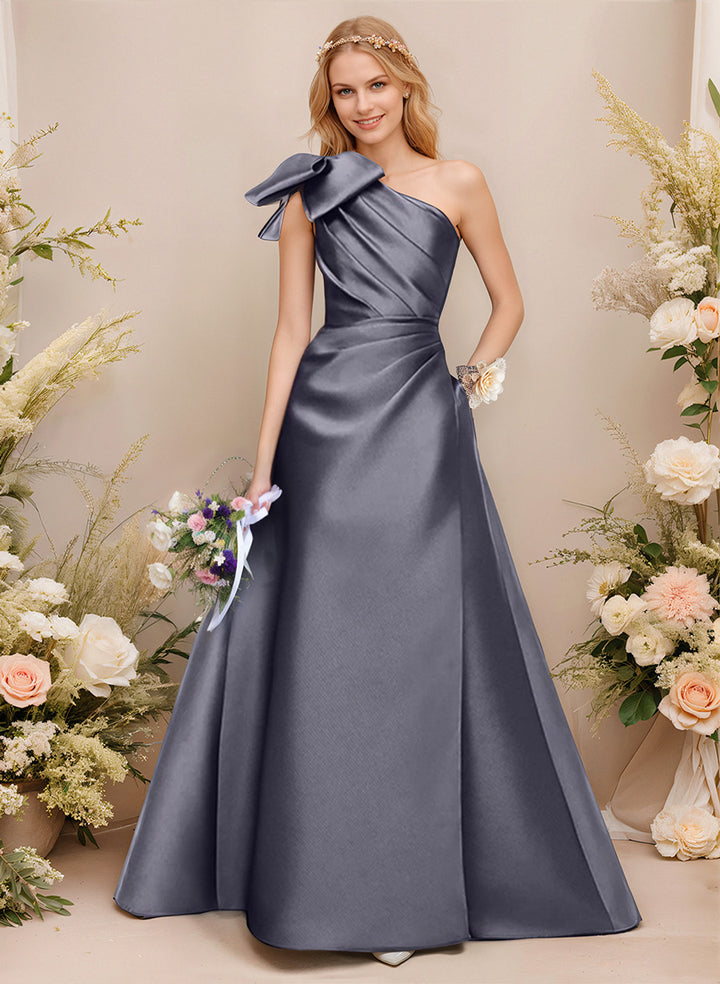 A-Line One-Shoulder Sleeveless Satin Bridesmaid Dresses With Bow(s) / Pockets