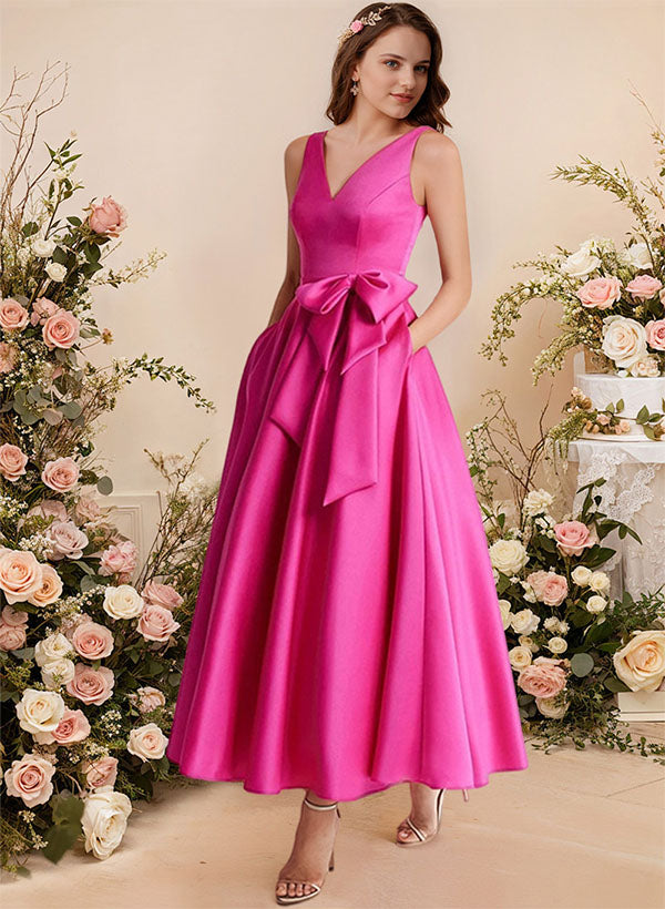 A-Line V-Neck Satin Mother Of The Bride Dresses With Bows and Pockets