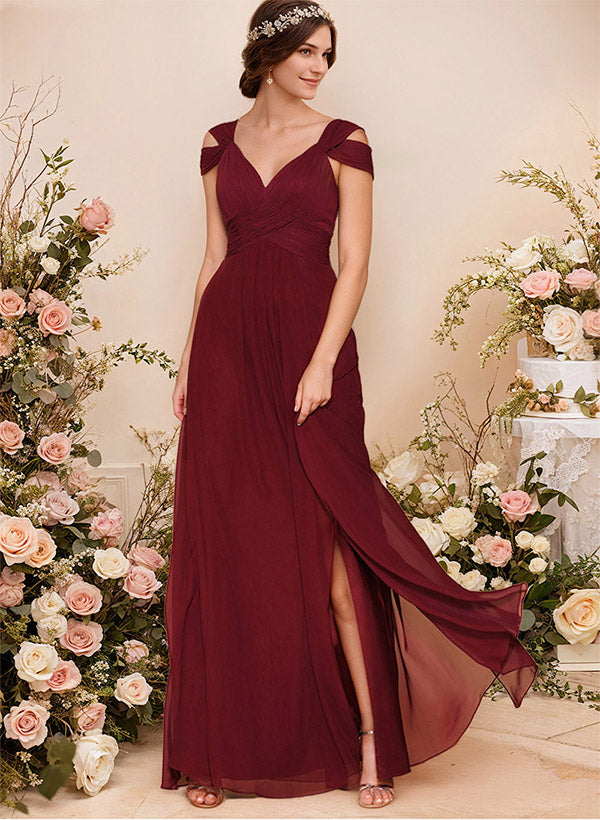 V-Neck Sleeveless Floor-Length Chiffon Bridesmaid Dresses With Front Split