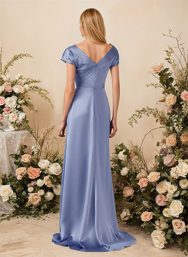 A-Line Cowl Neck Short Sleeves Sweep Train Silk Like Satin Bridesmaid Dresses