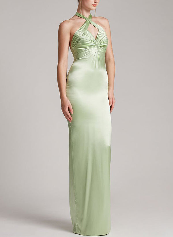 Halter Sleeveless Floor-Length Bridesmaid Dresses Sheath/Column Style Silk Like Satin