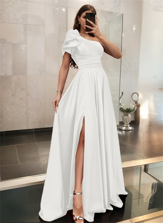 One-Shoulder A-Line Satin Bridesmaid Dress with Ruffle Short Sleeves Sweep Train