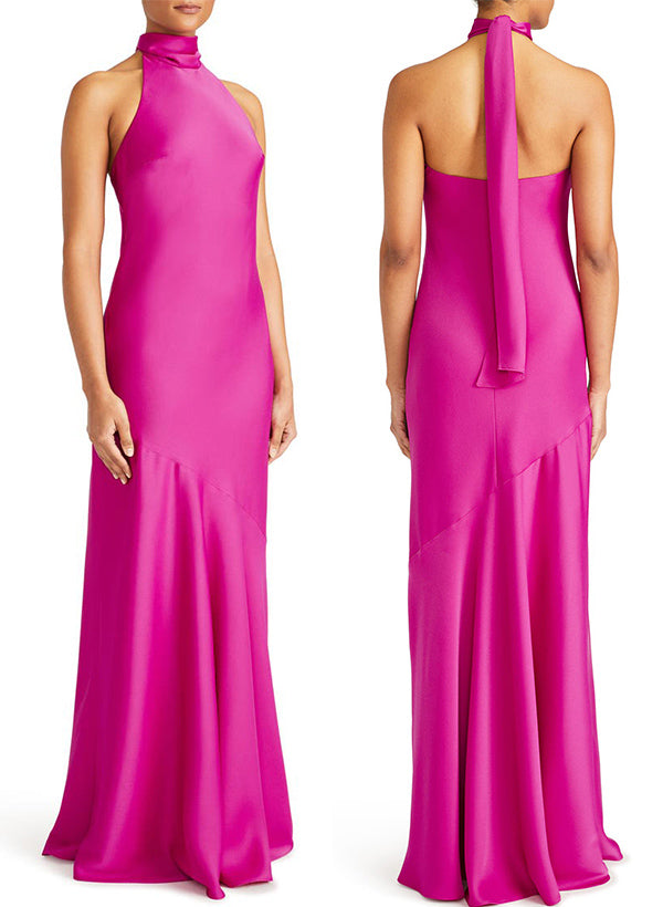 Halter Silk Like Satin Bridesmaid Dresses With Back Hole