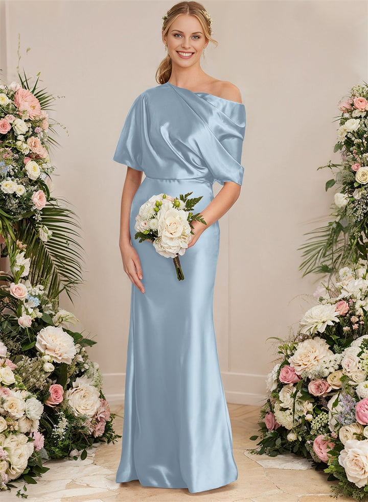 Asymmetrical Neck Short Sleeves Bridesmaid Dresses