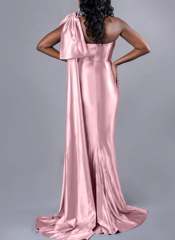 One-Shoulder Sheath/Column Bridesmaid Dresses in Silk Like Satin with Bows