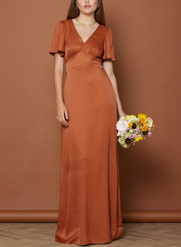 A-Line V-Neck Short Sleeves Floor-Length Bridesmaid Dresses crafted from Silk Like Satin