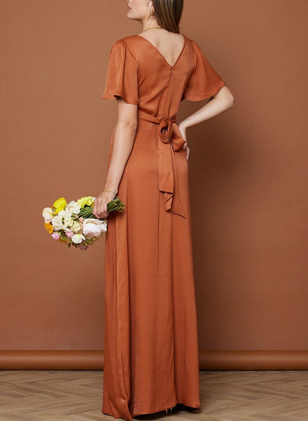 A-Line V-Neck Short Sleeves Floor-Length Bridesmaid Dresses crafted from Silk Like Satin