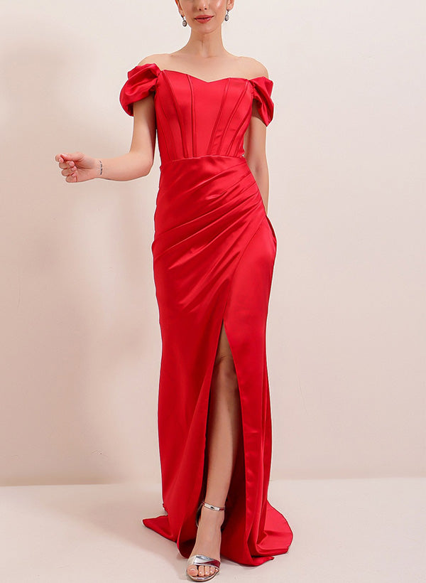 Off-The-Shoulder Silk Like Satin Bridesmaid Dresses With Split Front