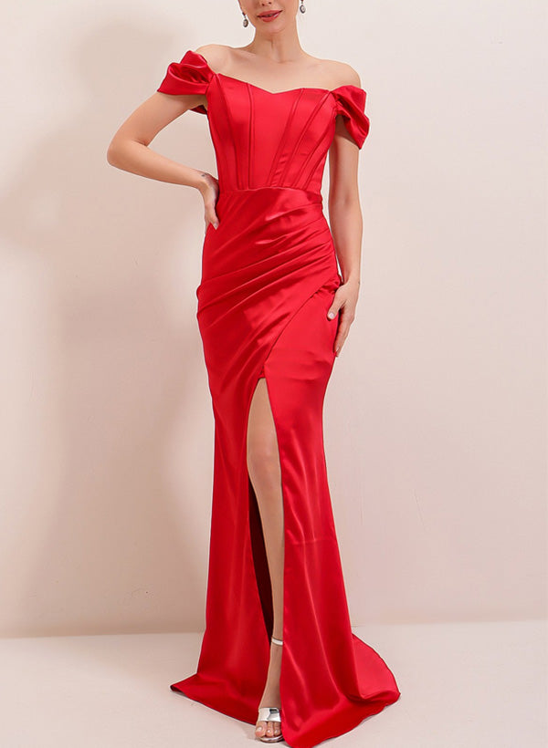 Off-The-Shoulder Silk Like Satin Bridesmaid Dresses With Split Front