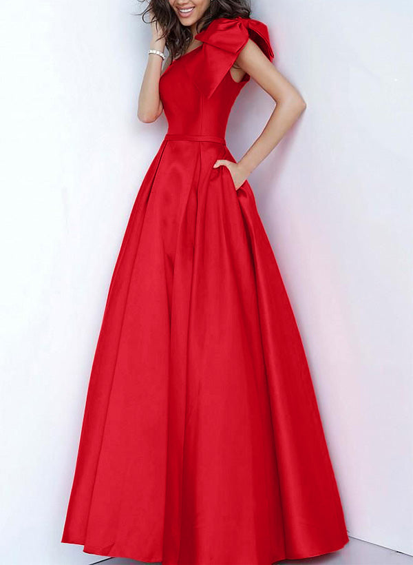 One-Shoulder Sleeveless Silk Like Satin Bridesmaid Dress with Bows