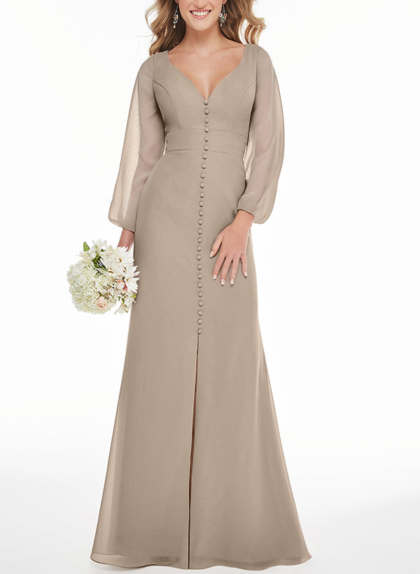 Long Sleeved Chiffon Bridesmaid Dress with V-Neck and Split Front