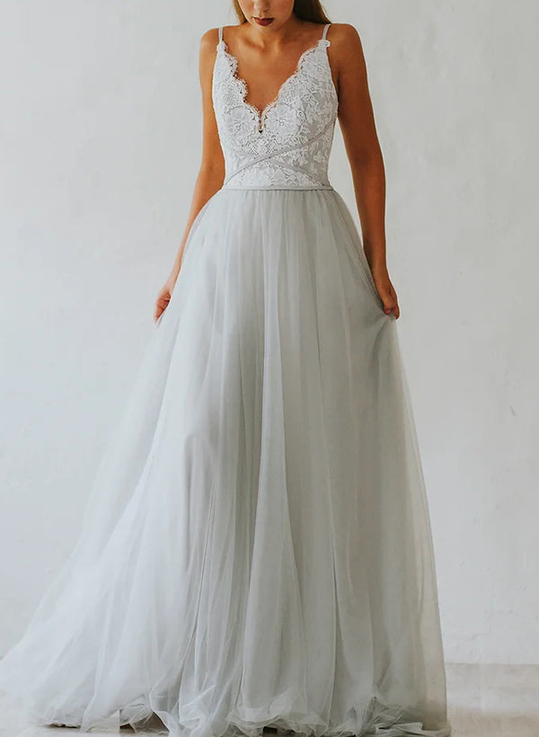 V-Neck Sleeveless A-Line Floor-Length Tulle Bridesmaid Dresses With Lace