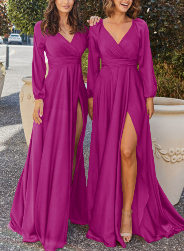 A-Line V-Neck Long Sleeves Silk-Like Satin Bridesmaid Dresses With Split Front