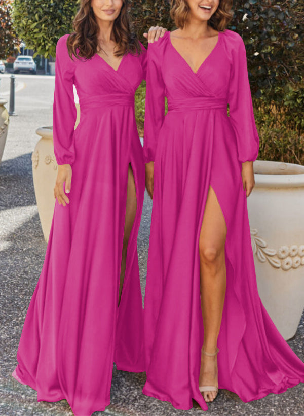 A-Line V-Neck Long Sleeves Silk-Like Satin Bridesmaid Dresses With Split Front