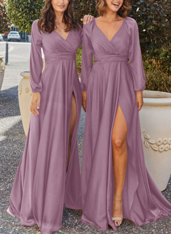 A-Line V-Neck Long Sleeves Silk-Like Satin Bridesmaid Dresses With Split Front