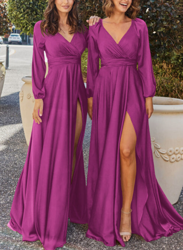 A-Line V-Neck Long Sleeves Silk-Like Satin Bridesmaid Dresses With Split Front