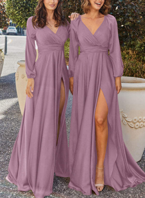 A-Line V-Neck Long Sleeves Silk-Like Satin Bridesmaid Dresses With Split Front