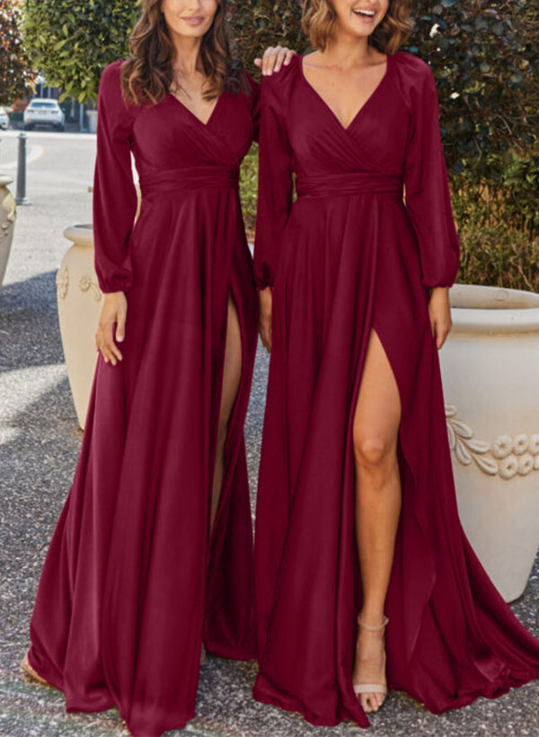 A-Line V-Neck Long Sleeves Silk-Like Satin Bridesmaid Dresses With Split Front